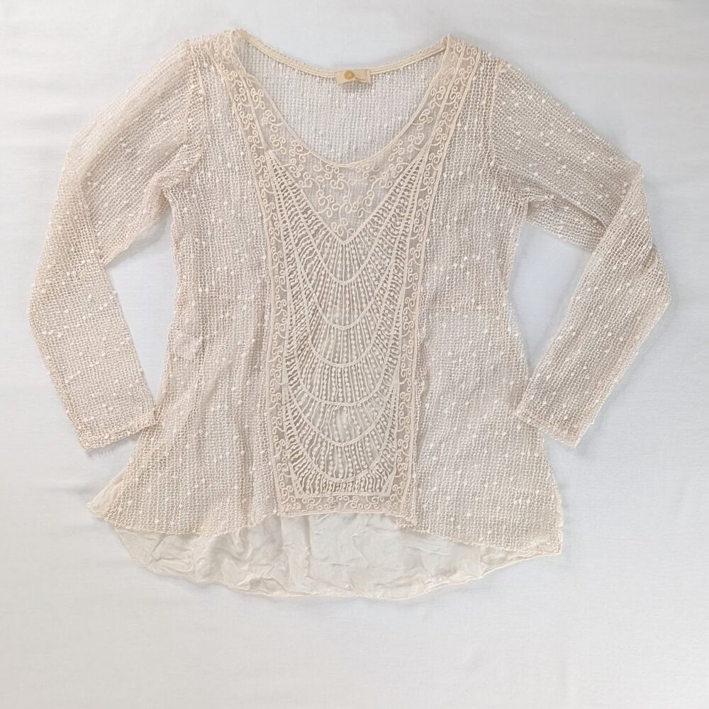 M Made In Italy Cream Sheer Knit V Neck Detailed Long Sleeve Bohemian Top